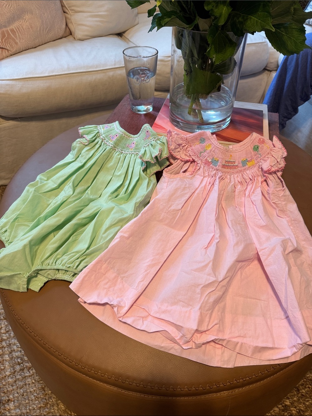 Hand-Smocked Flutter-Sleeve Kids Dress in Pink and Light Green bundle